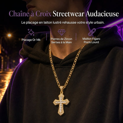 ✝️ PROMO FLASH : 50% DE RÉDUCTION ! Collier Pendentif Croix Hip-Hop Zircon Baguette & Chaîne Figaro en Laiton – Strass Taille Baguette, Placage Anti-Ternissement & Maille Figaro Massive for un Look Streetwear Iced Out ✨