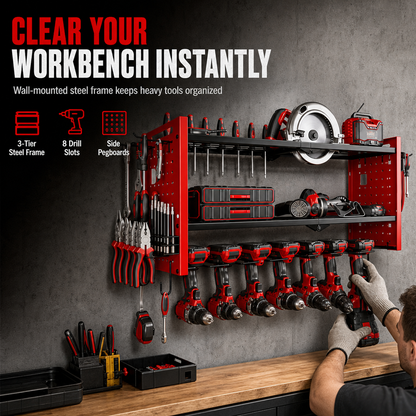 🧰 PROMO FLASH : 50% DE RÉDUCTION ! Organisateur Mural Ultra-Résistant pour Outils Électriques et Support de Rangement pour Perceuses de Garage – Structure Métallique Multipoches for un Atelier Organisé et Efficace ✨